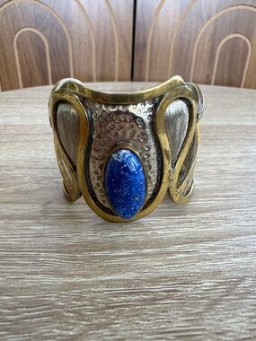 Vintage Morita Gil Statement Mixed Metal Cuff Bracelet with Lapis Stone 1980’s